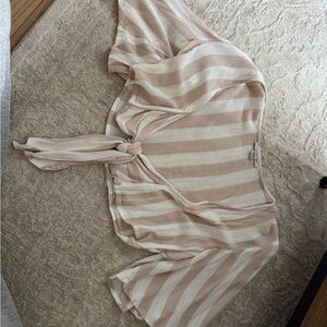 American Eagle Outfitters Beige and White Striped Tie-Front Blouse